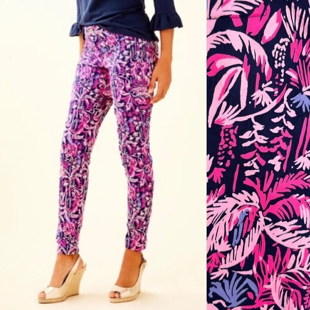 NWT Lilly Pulitzer Kelly Skinny Ankle pants Pink Blue Size 00 palm trees monkeys